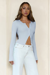 Base Luxe Rib Button Front Long Sleeve Top Blue