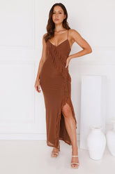 Flaunt It Girl Frill Mesh Maxi Dress Chocolate