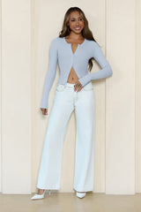 Base Luxe Rib Button Front Long Sleeve Top Blue
